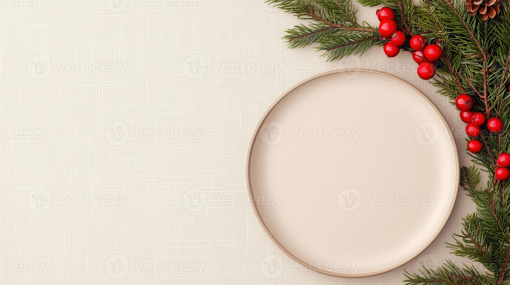 Holiday Menu Design with Earthy Tones Featuring Red Berries and Pine Branches on Textured Beige Background for Seasonal Celebrations and Festive Invitations photo