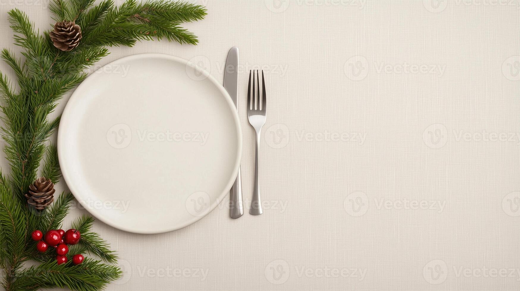 Elegant Festive Menu Design Featuring Script Typography and Natural Elements with Pine Branches, Cones, and Berries for Holiday Celebrations photo