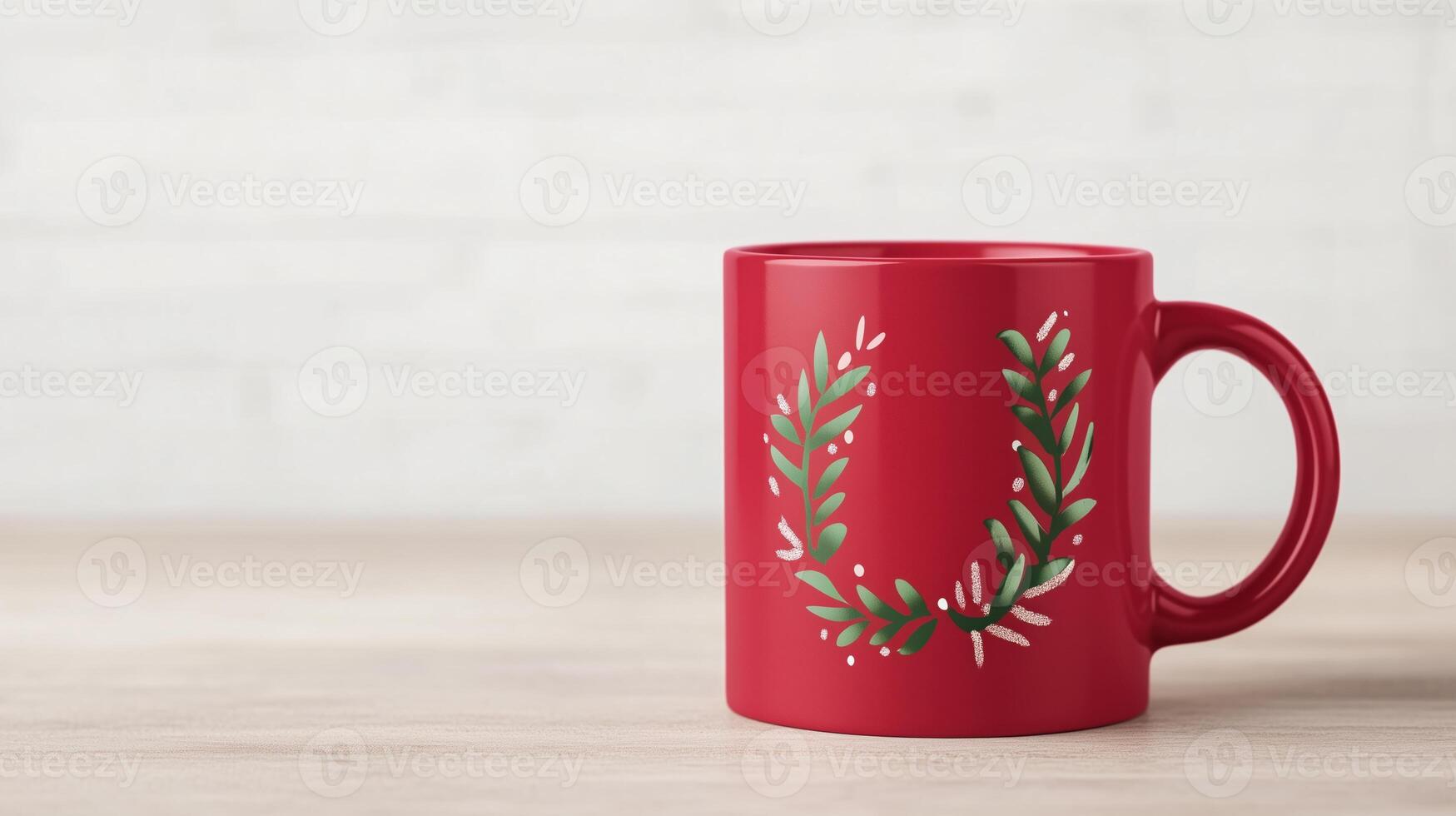 Festive Red Christmas Mug With Script Typography and Glitter on Modern Wood Table Setting for Holiday Cheer photo