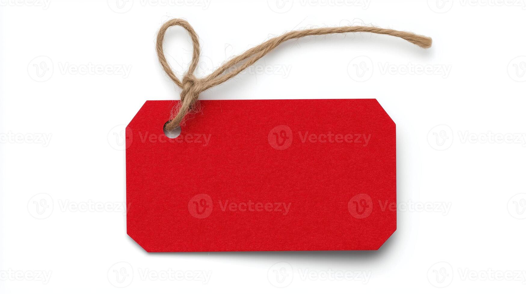 Xmas Red Gift Tag with Brown String on White Background for Holiday and Celebration Design Themes photo