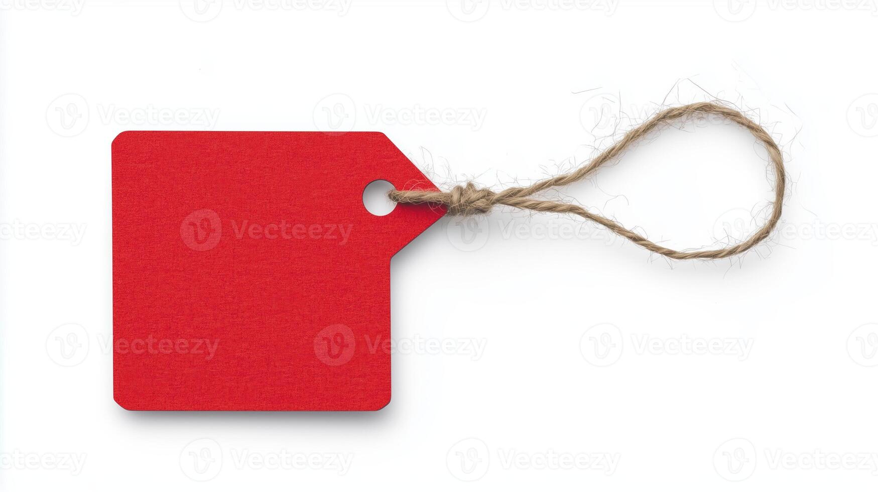 A red price tag with a rope on a white background photo