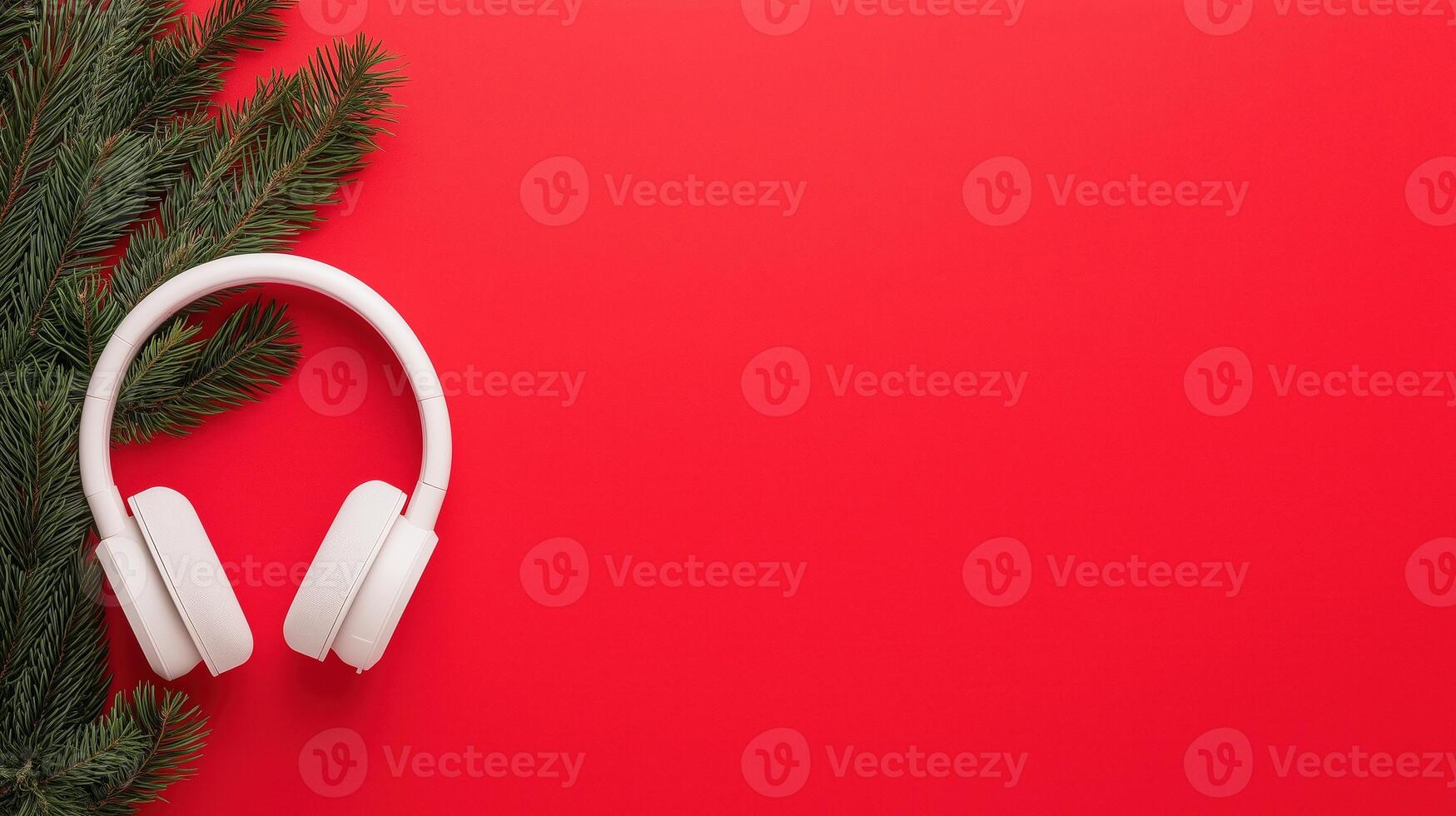 White Headphones with Evergreen Branch on Red Background for Christmas Holiday Decor and Sound Design in Modern Tech Style photo