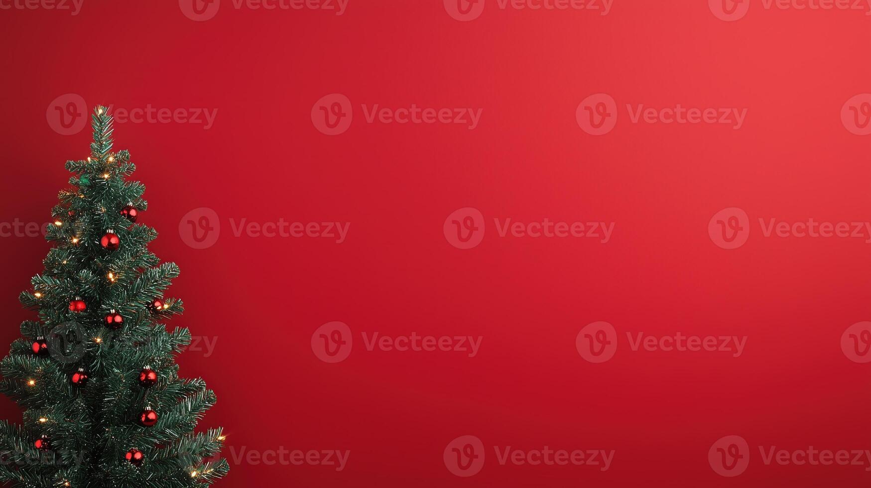 Festive Christmas Background Featuring Decorated Christmas Tree Against Vibrant Red Backdrop Perfect for Holiday Greetings, Seasonal Designs, Winter Celebrations, and Festive Cards photo