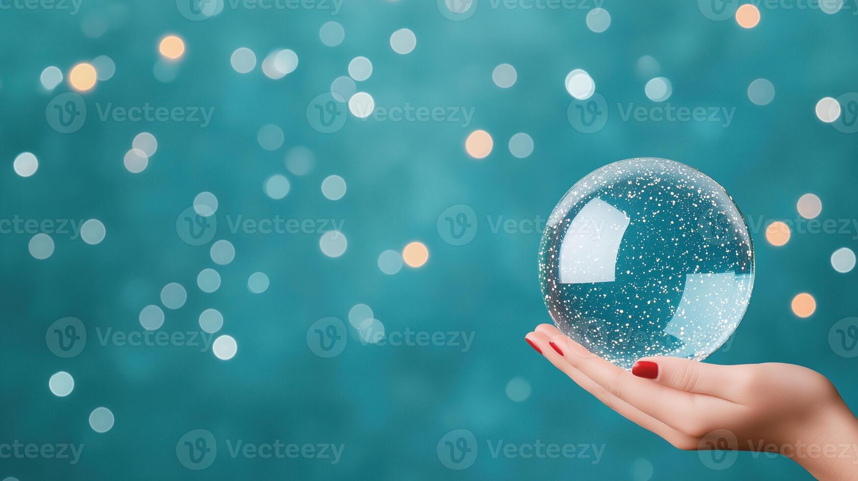Hand Holding Glass Snow Globe Against Teal Bokeh Background Reflecting Christmas Magic and Abstract Enchantment With Red Nail Polish on Elegant Fingers Creating a Festive Holiday Atmosphere photo