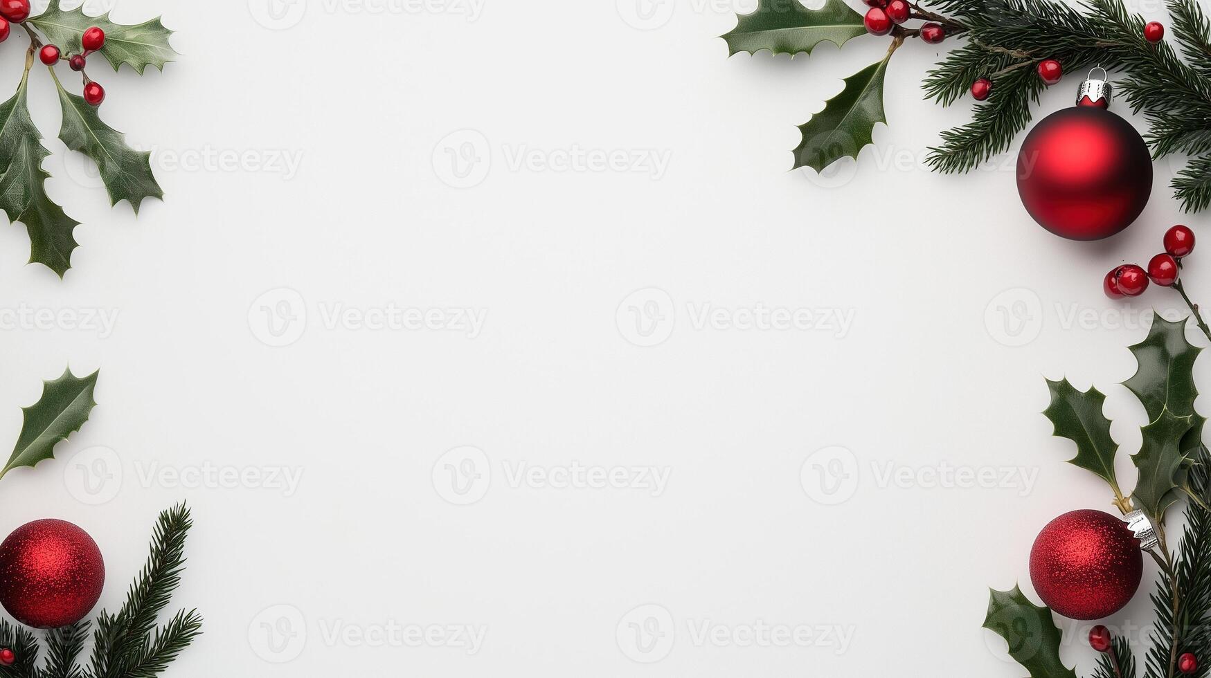 Christmas Greeting Card Featuring Flat Lay Composition with Red Ornaments, Holly Leaves, and Pine Branches on White Background for Holiday Season Decoration and Festive Design photo