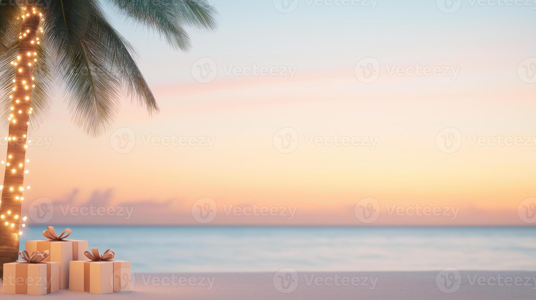Christmas Presents Under Palm Tree with Lights by Tropical Beach at Sunset for Holiday Celebration and Tropical Winter Vibe with Pink and Orange Sky in Scenic Coastal Setting photo