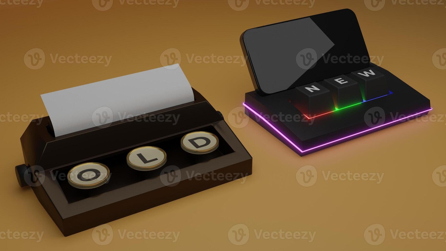 3d Rendered of Old vs New Illustration. Typewriter vs Modern Wireless Keyboard with Smartphone on Orange Background photo
