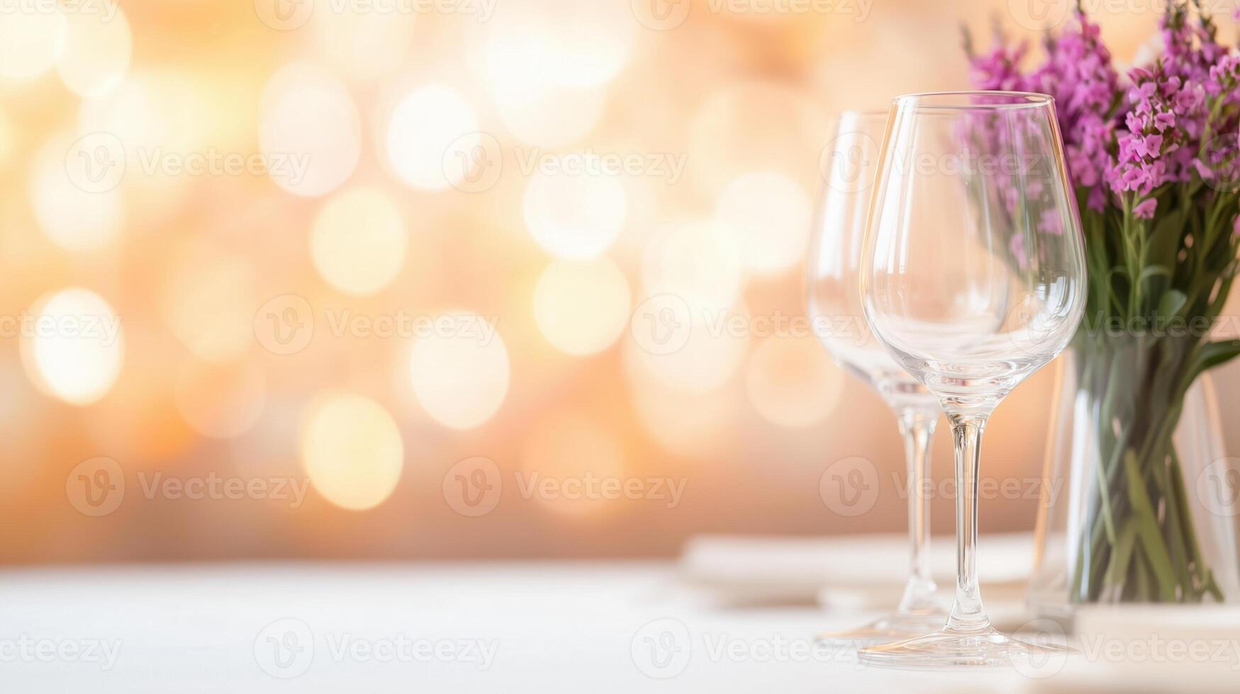 A table with two wine glasses and a vase of flowers photo
