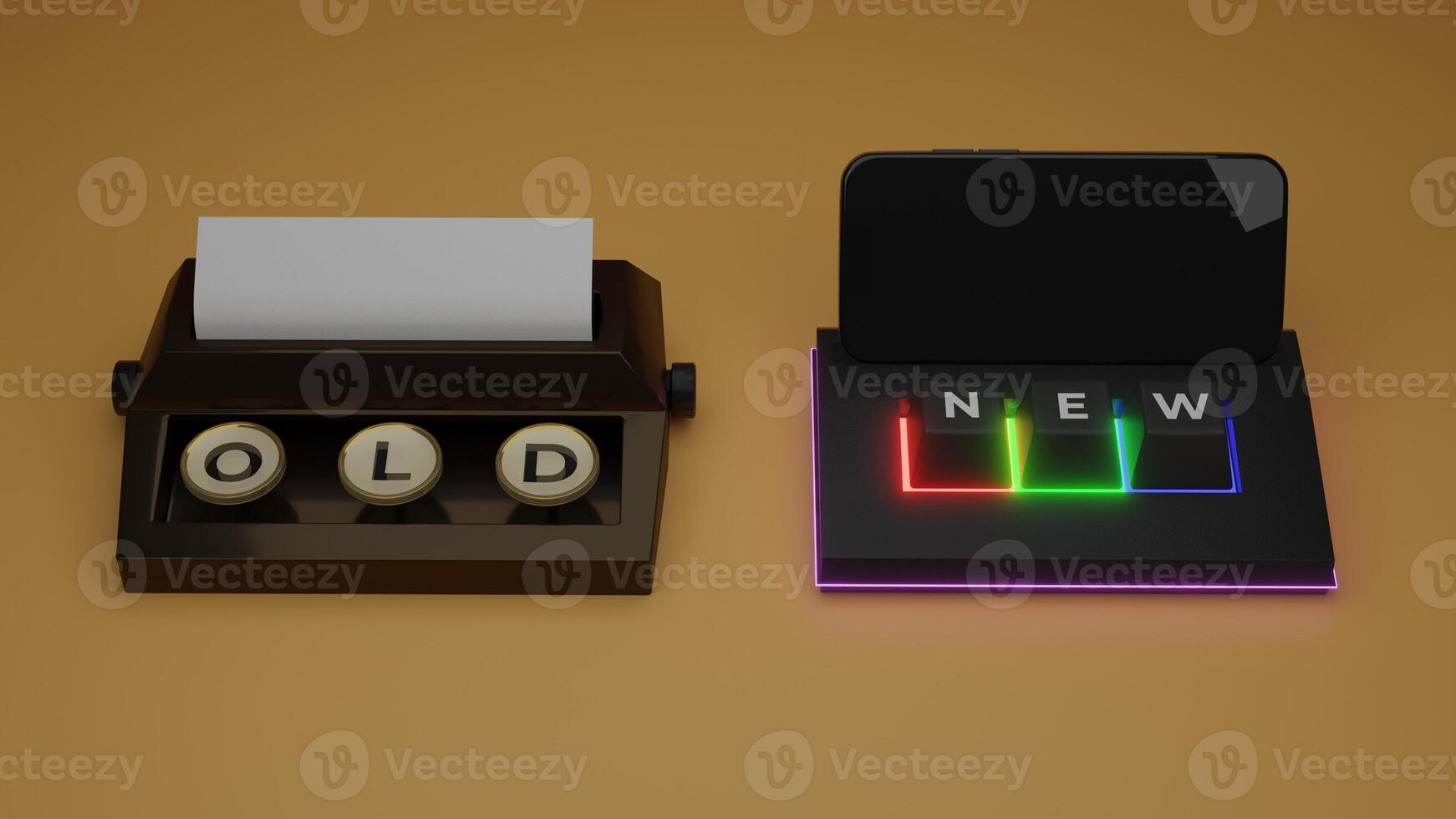 3d Rendered of Old vs New Illustration. Typewriter with a Paper vs Modern Wireless Keyboard with Smartphone on Orange Background photo