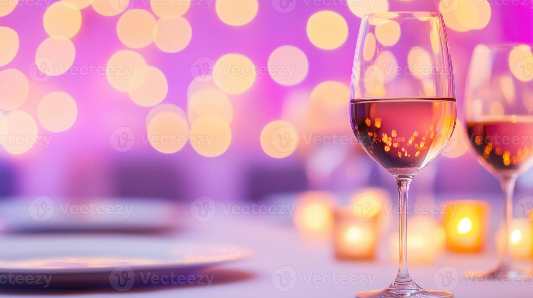 Elegant Corporate Event Venue with Sophisticated Table Setting and Ambient Lighting Featuring Wine Glass and Soft Candles in a Vibrant Pink and Purple Atmosphere for Luxurious Celebrations photo