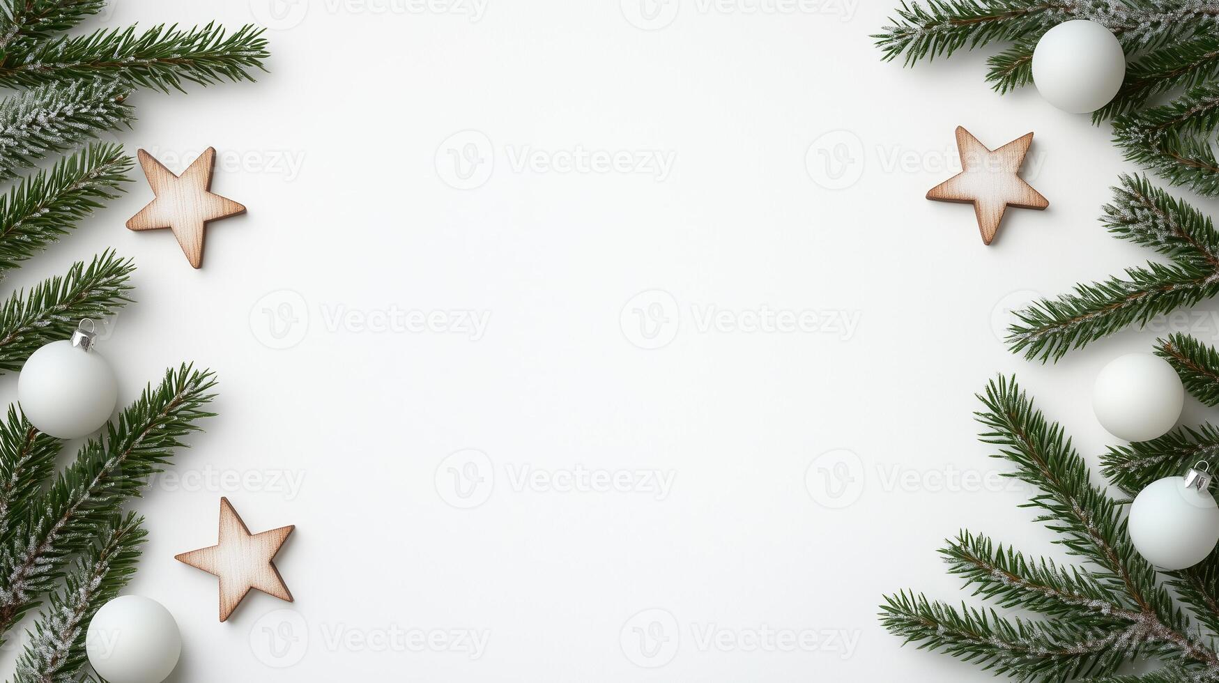 Elegant Festive Christmas Garland With Frosted Pine Branches, Wooden Stars, and White Baubles on Minimalistic Background for Holiday Decor and Seasonal Greetings Card Design photo