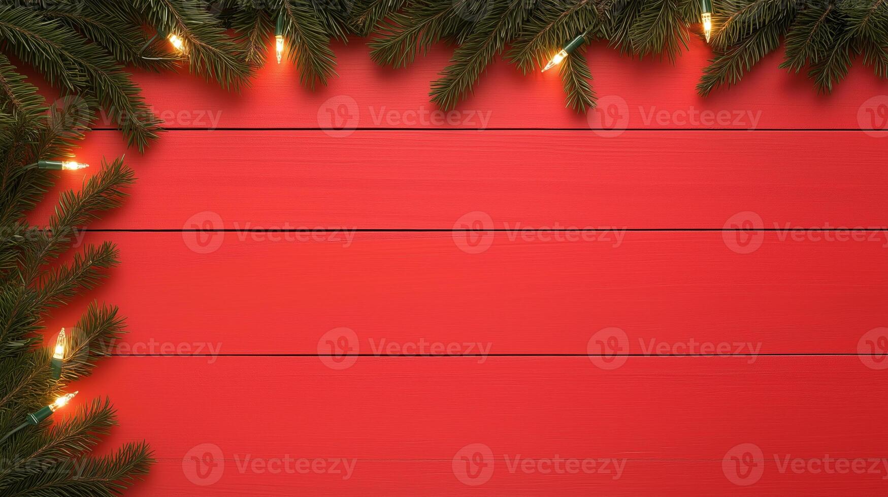Festive Fir Tree Branches Garland With Lights on Red Wood Background for Christmas Holiday Decor and Seasonal Celebration Design Visual Appealing for Winter Traditions and Warm Festivities photo