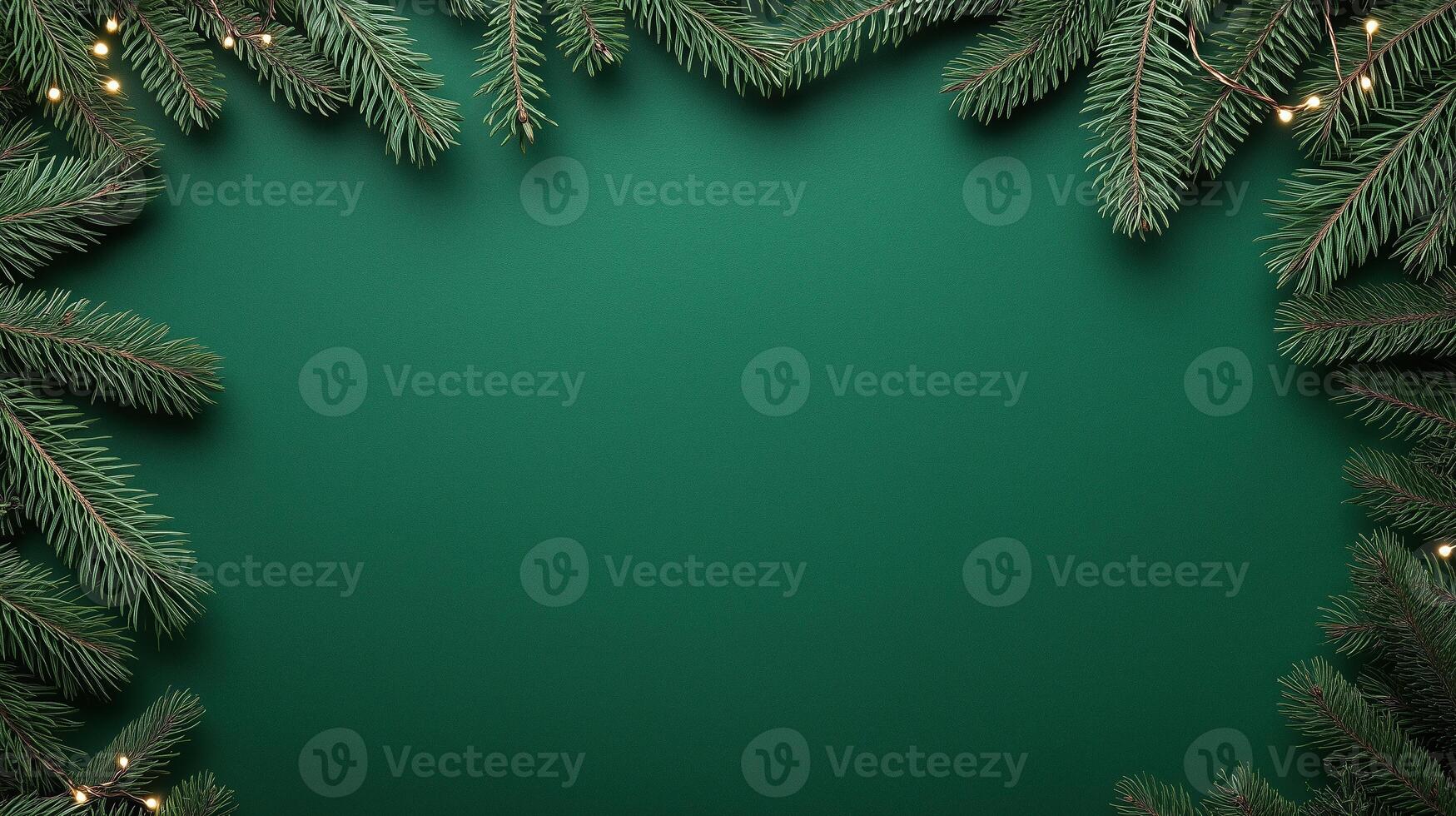 Festive Fir Tree Branch Frame Garland with Twinkling Lights on Green Backdrop, Christmas Holiday Decoration, Seasonal Greenery Border photo