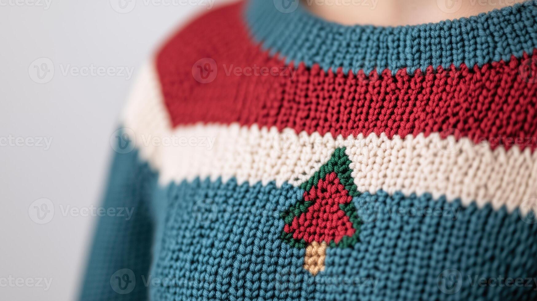 Handmade Crochet Patterns With Textured Knit Sweater Featuring Festive Christmas Tree Motif In Red, Green, And White Colors, Highlighting Intricate Craftsmanship And Holiday Design photo