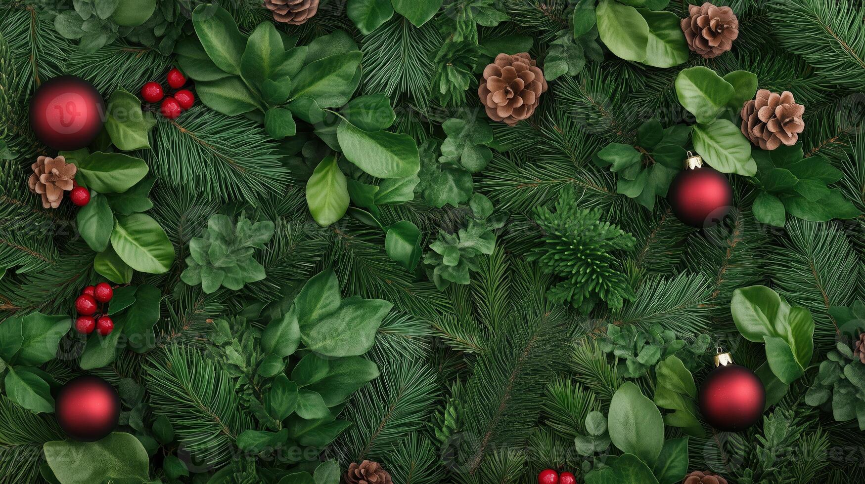 Festive Christmas Conifer Branches and Pinecones with Red Baubles and Greenery for Holiday Decor Background photo
