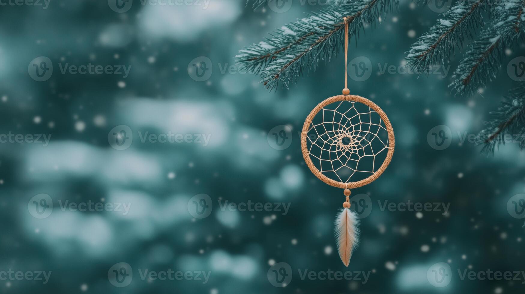 Wiccan Amulet Hanging on Fir Tree Branch with Snowflakes in Serene Winter Forest Scene Embracing Mystical and Spiritual Vibes Perfect for Seasonal Holiday and Nature-Themed Designs photo