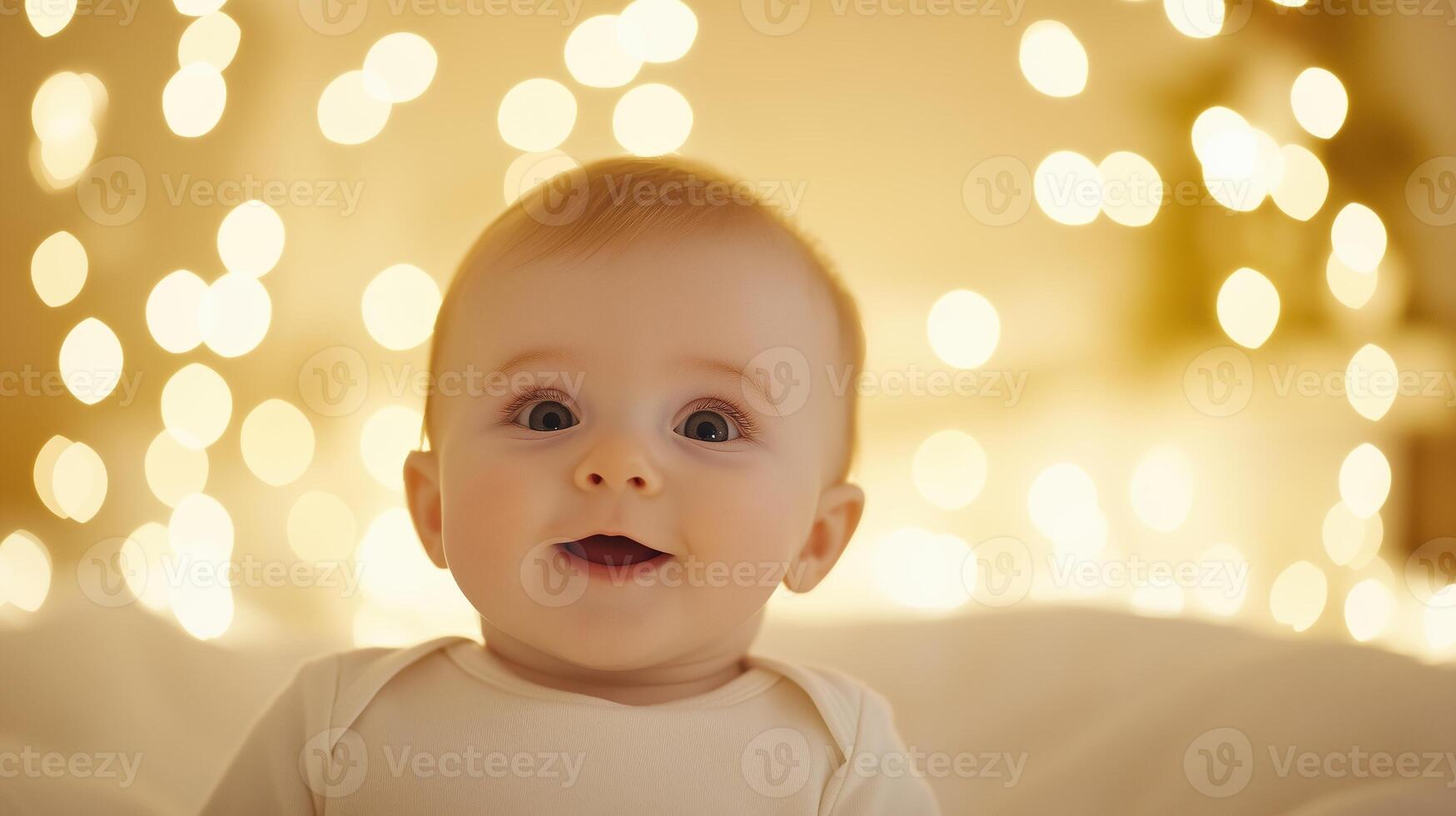 Happy Baby With Warm Golden Lights in Background, Soft Focus Festive Holiday Atmosphere, Baby Smiling Brightly in Front of Soft Glowing Lights, Capturing Joyful Innocence and Wonder photo
