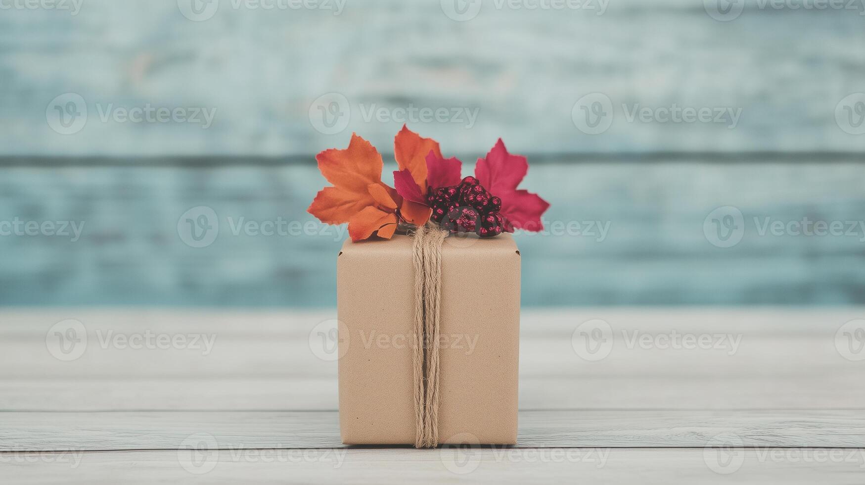 Rustic Gift Box with Autumn Leaves Decor on Wooden Background for Seasonal Celebrations and Personalized Holiday Displays in Stylish Minimalist Design for Creative Customization photo