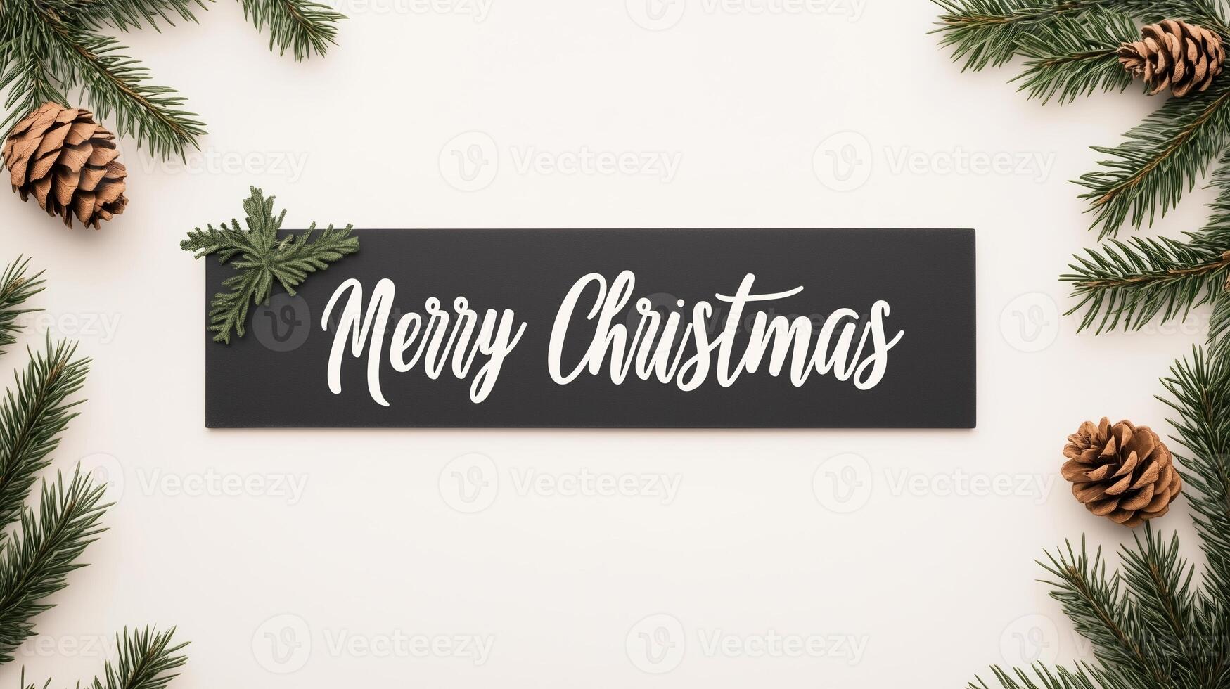Elegant Black Card with White Cursive Merry Christmas Text, Surrounded by Pine Cones and Needles on White Background, Minimalist Holiday Design photo