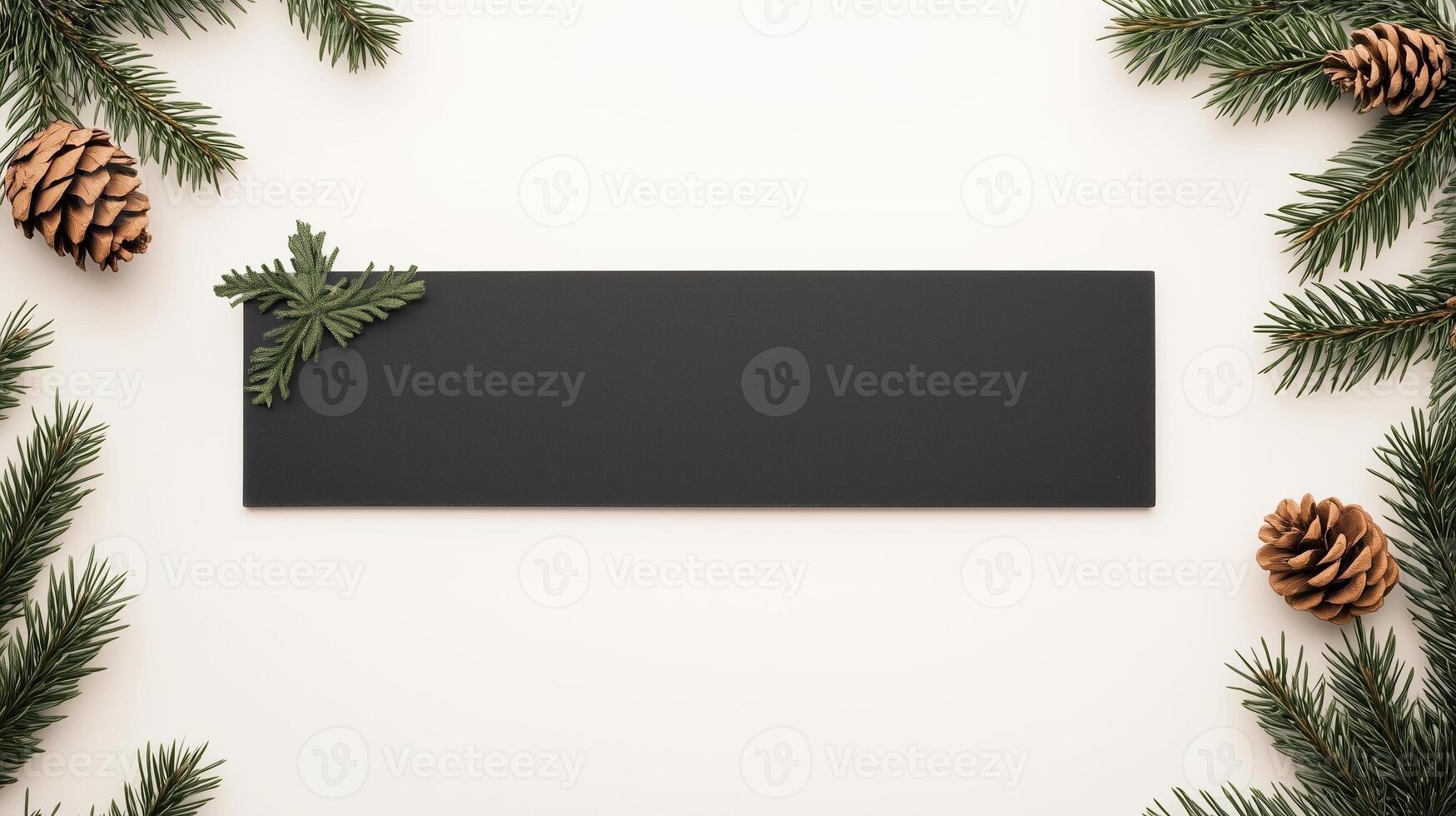 Xmas Minimalistic Black Paper on White Background with Pine Cones and Green Branches, Elegant Seasonal Decor for Holiday Designs, Simple Clean Design for Invitations, Cards, and Festive Projects photo