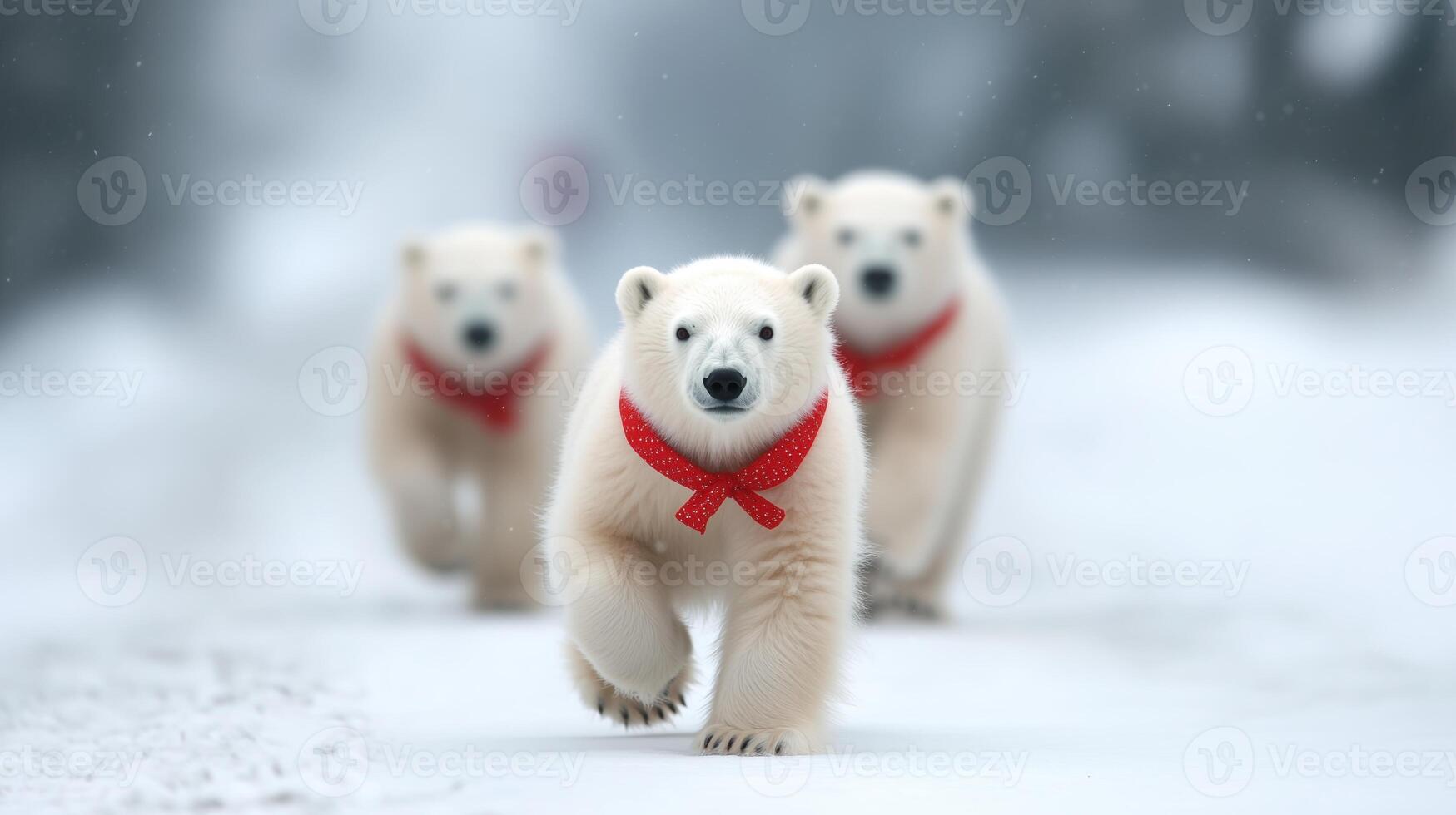 Three Adorable Polar Bears Marching in Snow Wearing Festive Red Bows, Capturing Winter Holiday Spirit in a Charming and Playful Manner, Highlighting Wildlife and Seasonal Joy photo