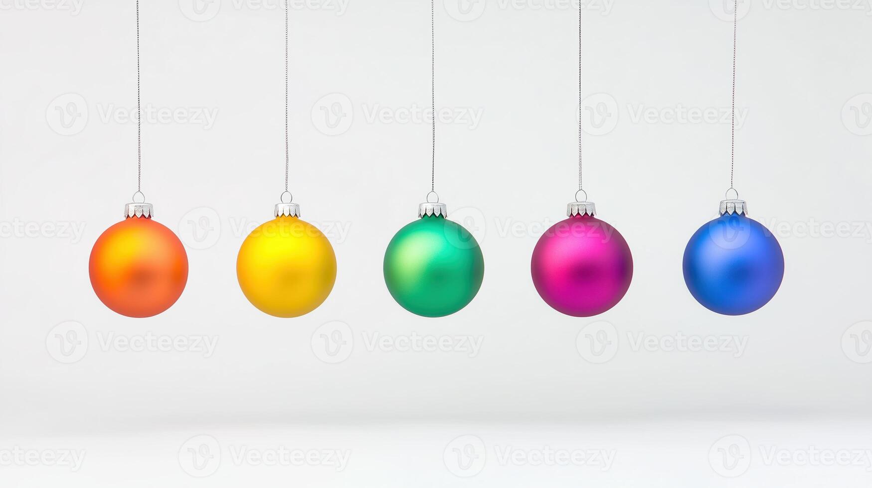 Colorful Festive Holiday Ornaments Reflecting in Minimalist Setting with Rainbow Spheres Hanging Against White Background Showcasing Vibrant Saturation and Symmetry in Seasonal Decoration photo