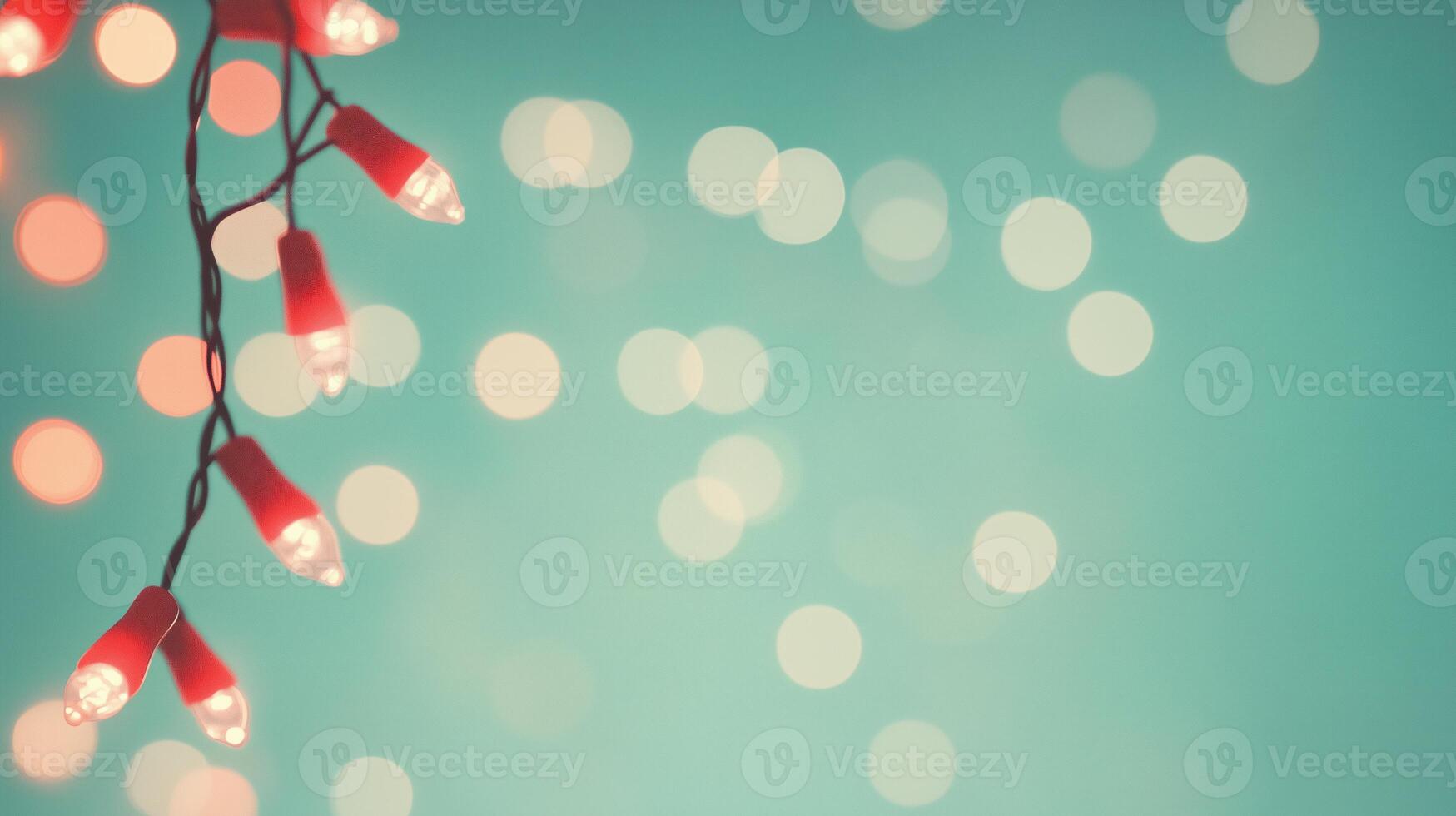 Festive Retro Holiday Website Background with Blinking Christmas Lights and Bokeh on Teal Background for Seasonal Design photo