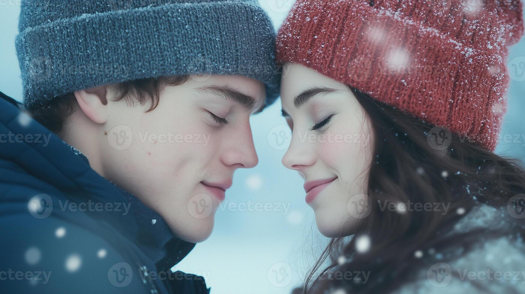 Cozy Winter Romance Closeup of Young Couple Outdoors in Snowfall Wearing Warm Hats and Jackets with Serene Expressions and Gentle Intimacy in Soft Focus photo