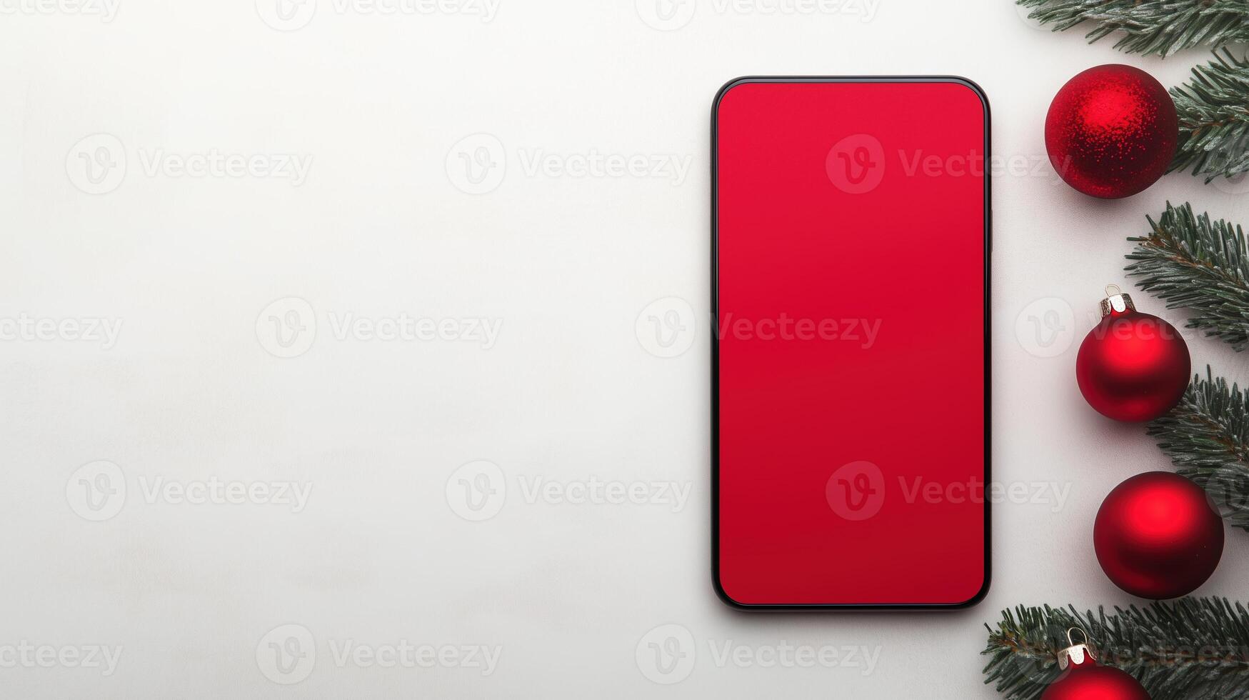 Smartphone With Christmas Elements Mockup Featuring Red Ornaments and Pine Branches on White Background photo