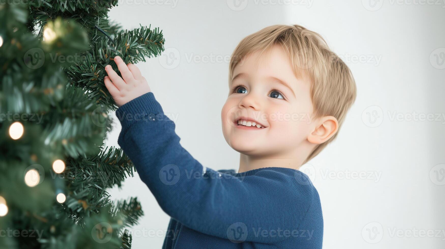 Young Boy Decorating Christmas Tree with Father in Festive Holiday Setting, Smiling Child Engaging in Family Tradition, Close-Up of Joyful Moment, Merry Christmas Spirit, Winter Celebration Fun photo