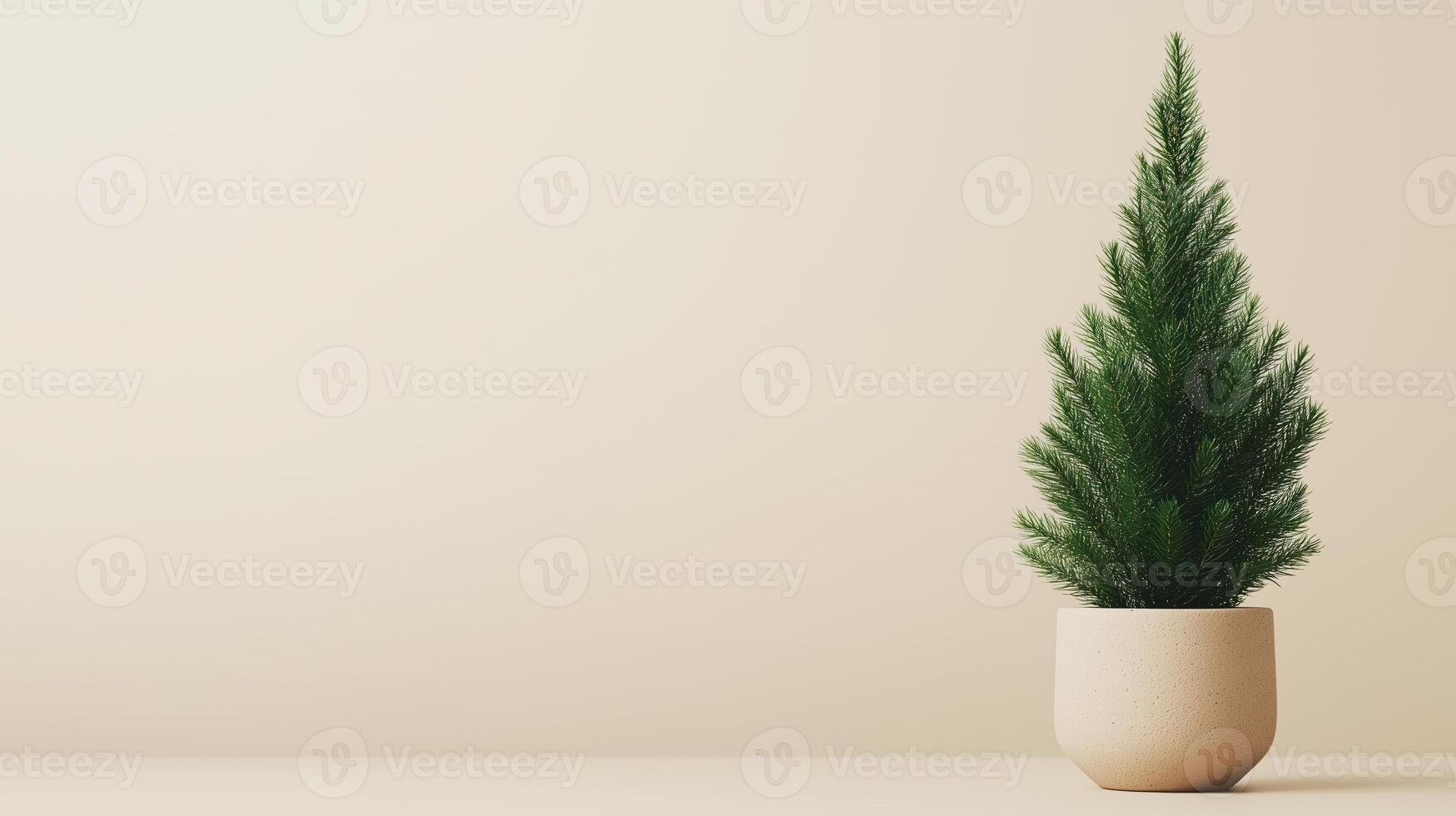 Xmas Eco-Friendly Holiday Gift Guide Website Featuring Minimalist Potted Evergreen Tree on Neutral Background Emphasizing Sustainability and Natural Design for Seasonal Decor Enthusiasts photo