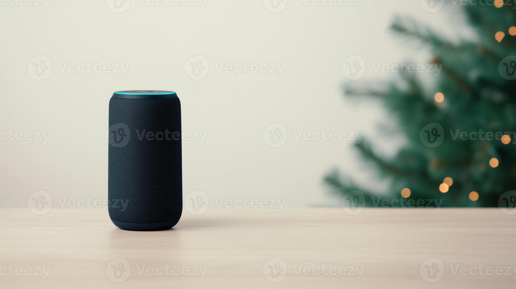 Voice Activated Holiday Shopping Website Concept Featuring Smart Speaker on Minimalist Background with Christmas Tree, Highlighting Convenient Gift Searches and Seamless Purchasing Experience photo