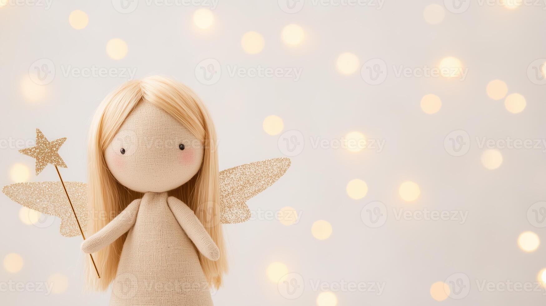 Enchanting Fairy Doll with Golden Wings and Star Wand Amidst Soft Holiday Glow Bokeh Background for Whimsical Fantasy and Festive Magic photo