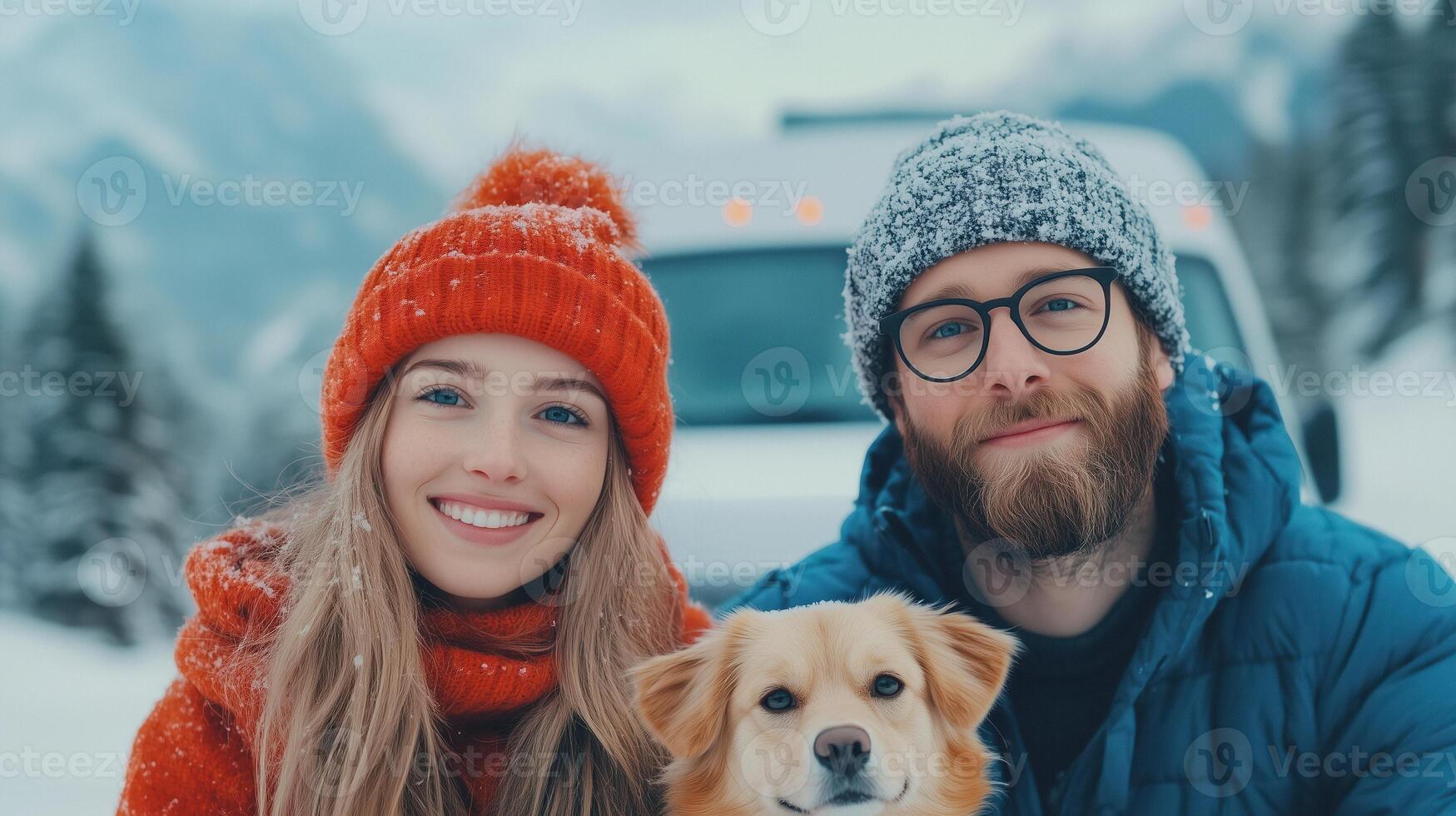Happy Couple with Dog in Winter Snowy Mountain Landscape, Enjoying Outdoor Adventure, Travel by Van, Cozy Winter Clothing, Adventure Lifestyle, Snow-Covered Trees, Warm Hats and Jackets photo