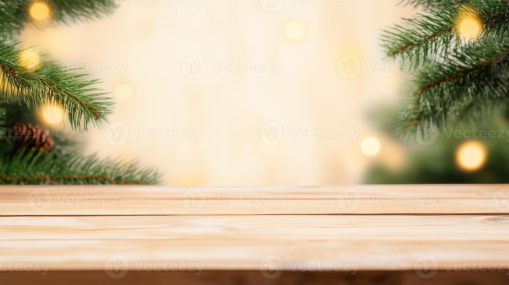 Xmas Wooden Table Scene With Glowing Christmas Tree Background, Fir Branches, Festive Lighting, Ideal for Holiday Design, Copy Space, Natural Wood, Warm Atmosphere, Pine Cones, Seasonal Decor photo