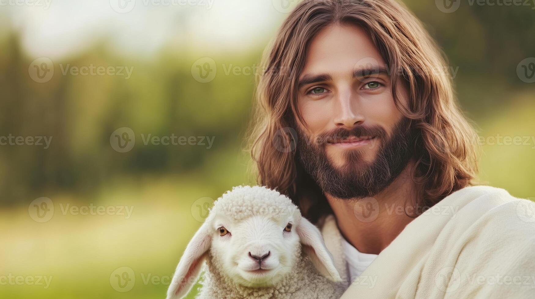 Jesus Christ Holding Lamb in Serene Field Setting for Easter Holiday with Focus on Compassion and Spirituality in Tranquil Nature Scene photo