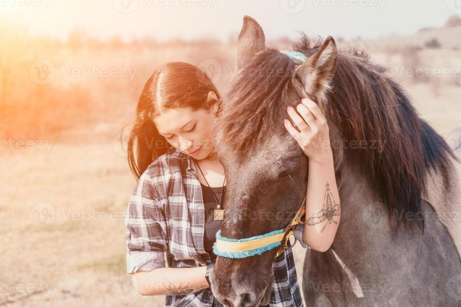 Woman Horse Petting Field - A woman in a plaid shirt pets a brown horse in a field. photo