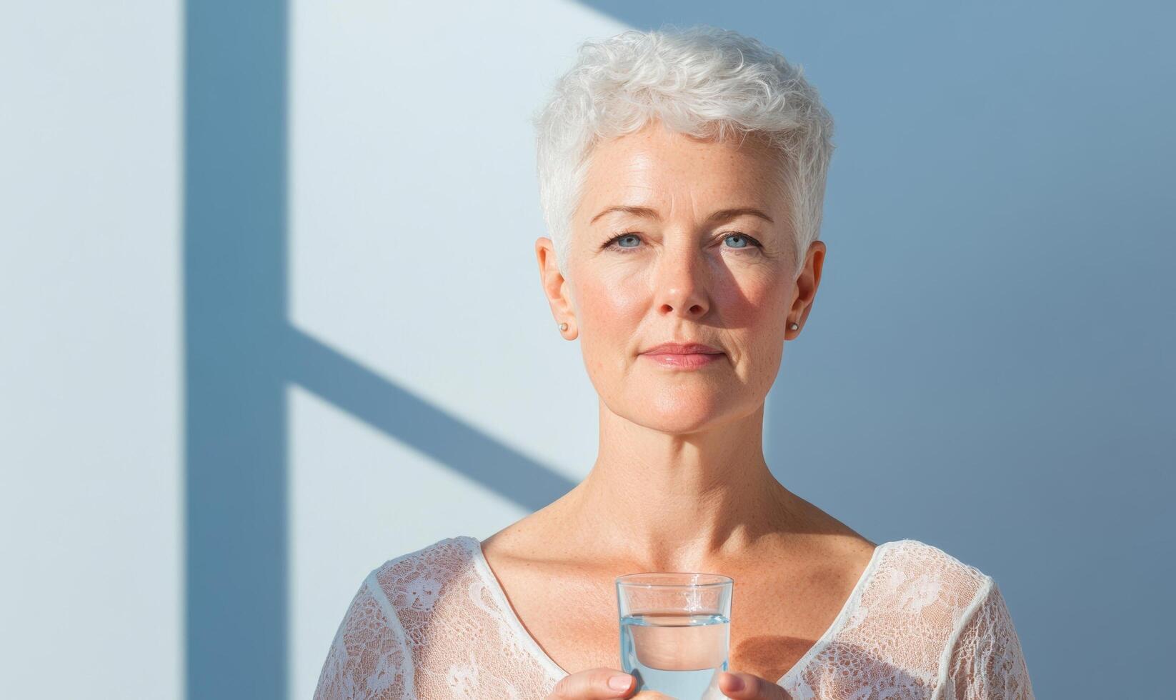 Middle aged woman enjoying morning hydration with clear water calming blues and soft whites photo