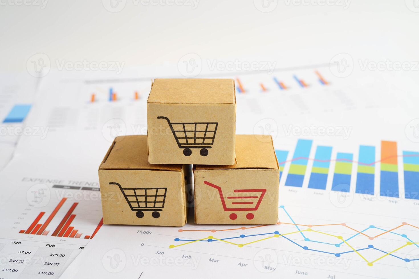 Online shopping, Shopping cart box on business graph, import export, finance commerce. photo