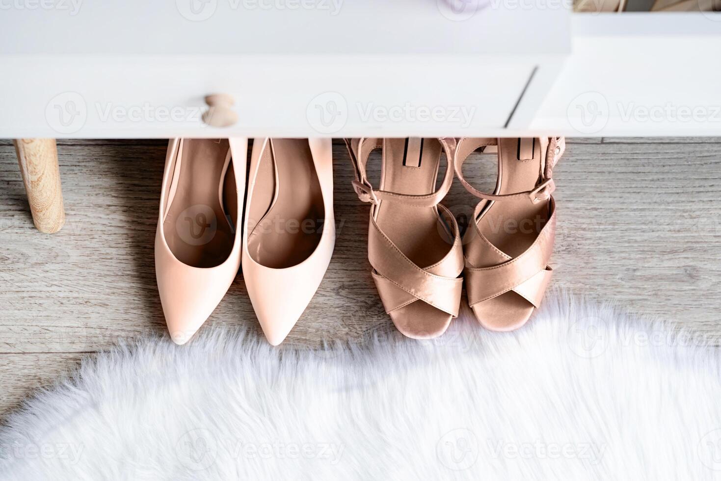 Mocha Mousse - color of the year 2025. closeup of elegant high heel shoes standing under feminine dressing table photo