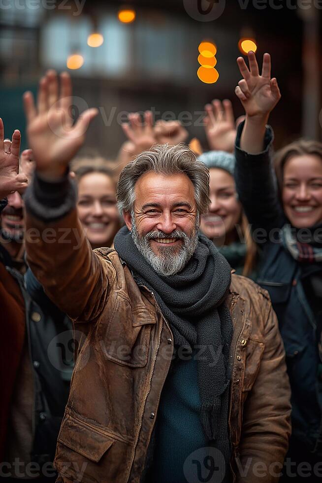 A corporate team celebrating a successful project completion with high-fives and smiles. photo