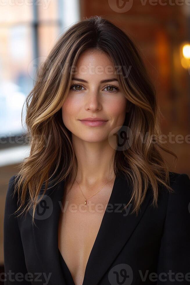 A confident young businesswoman standing in front of her startup office, ready to take on challenges. photo