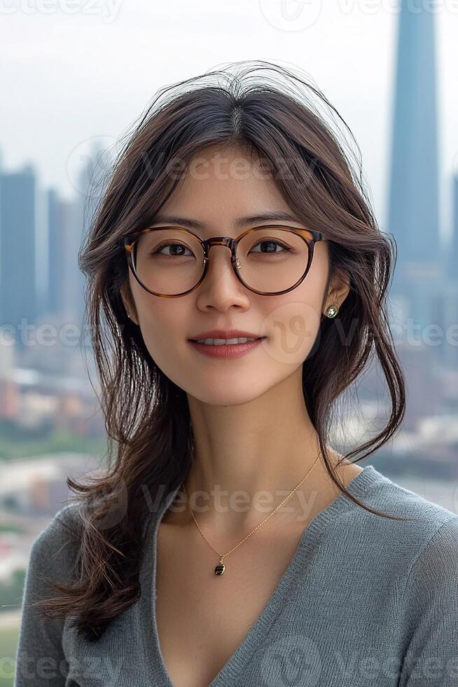 A professional portrait of a young female entrepreneur, exuding confidence with a city skyline in the background. photo