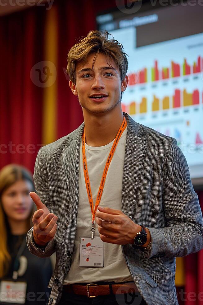 A confident young businessman giving a presentation, gesturing towards a digital screen filled with data. photo
