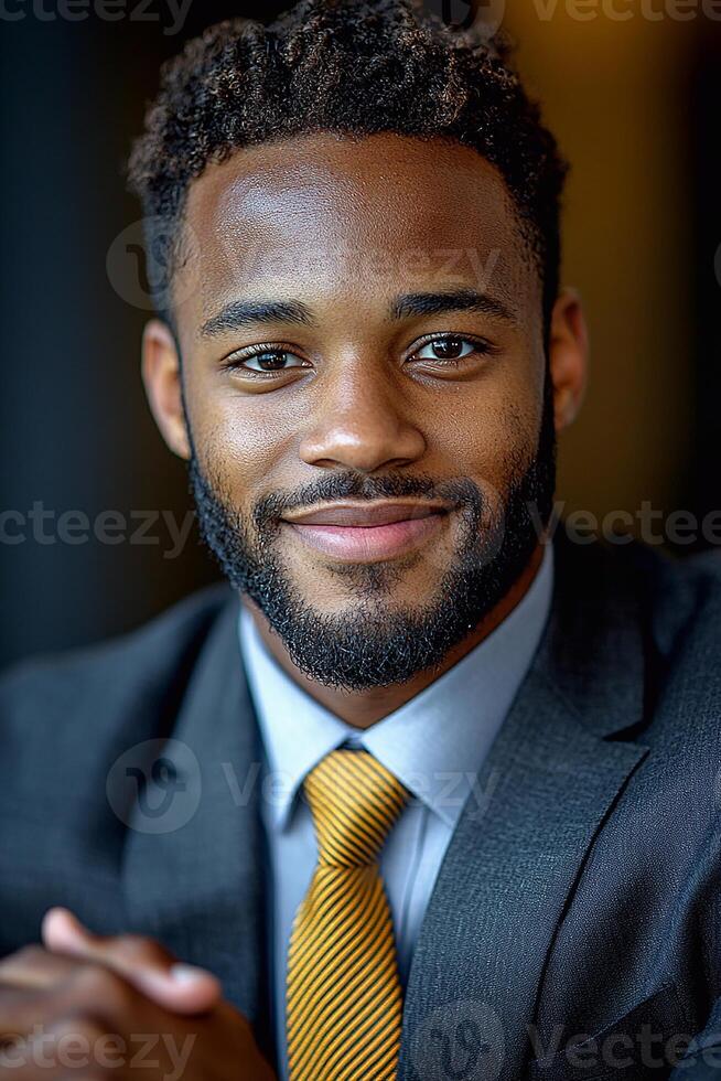A charismatic young businessman shaking hands with a client, radiating confidence and professionalism. photo