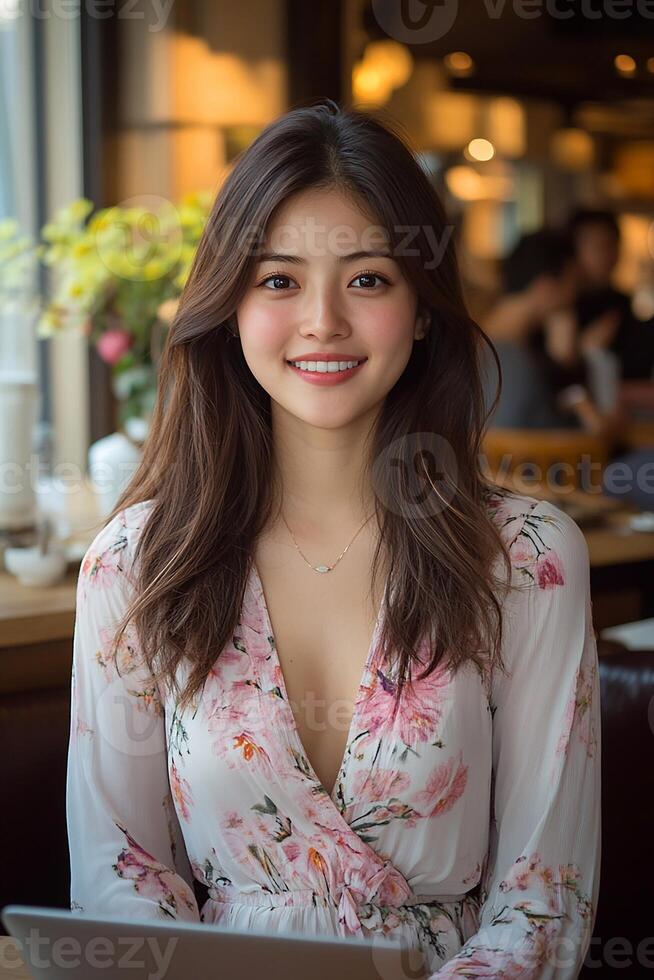 A confident young entrepreneur working on her laptop at a stylish cafe, embodying modern business culture. photo