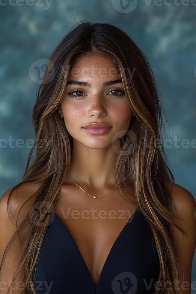 A professional portrait of a young woman in business attire, exuding confidence while making direct eye contact with the lens. photo