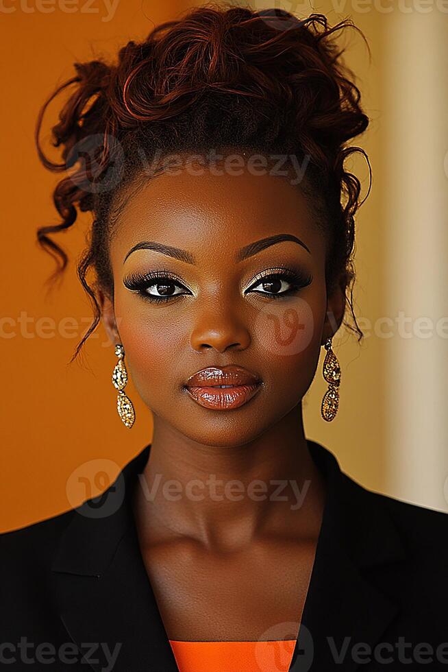A vibrant headshot of a beautiful young executive with a confident expression, dressed in formal business attire, looking directly at the viewer. photo