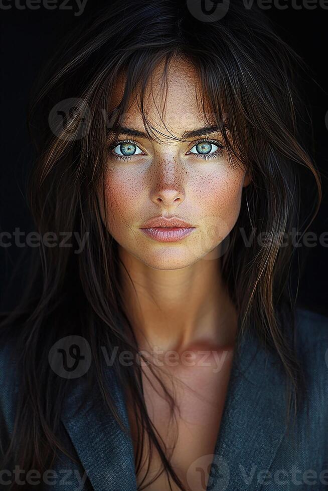 A portrait of a young businesswoman with bright eyes and a professional outfit, exuding confidence while looking directly into the lens. photo