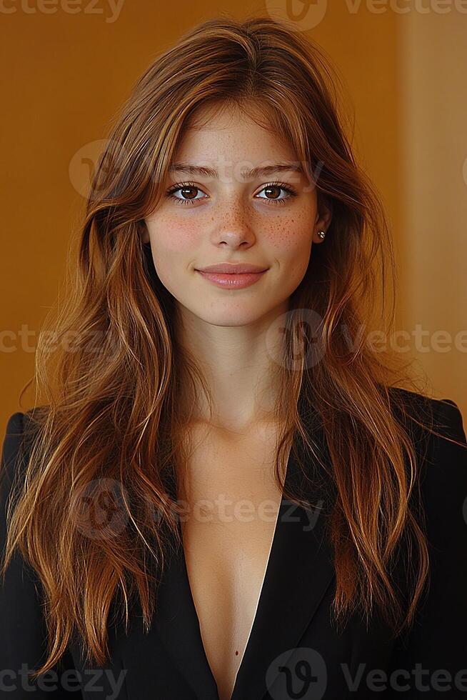 A vibrant headshot of a beautiful young executive with a confident expression, dressed in formal business attire, looking directly at the viewer. photo